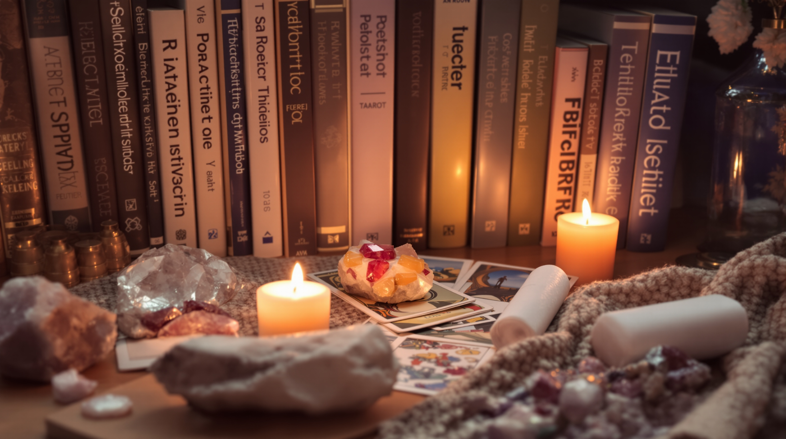 Ethical tarot reading space with books and crystals